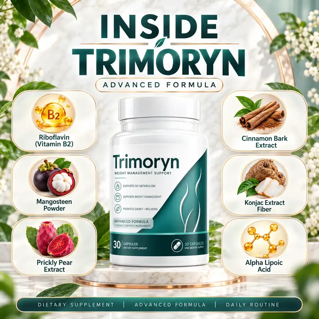 Trimoryn ingredient artwork naming six ingredients around the bottle