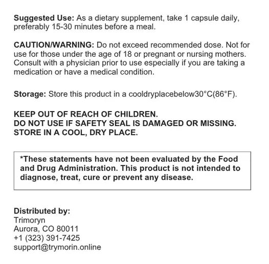 Trimoryn suggested use, caution and storage text from the label
