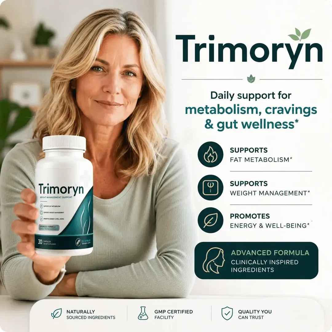 Trimoryn bottle held by a woman in a bright kitchen, with the product's support statements listed beside it