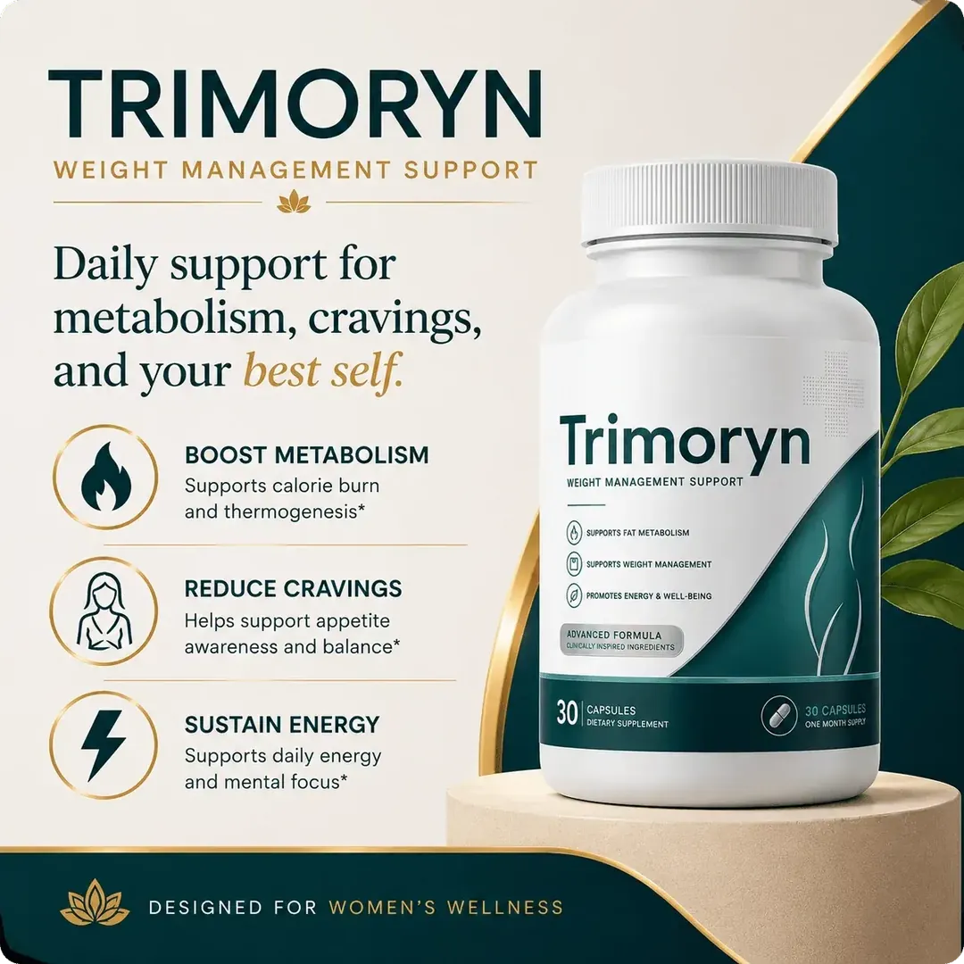 Trimoryn product artwork describing daily support for metabolism, cravings and energy