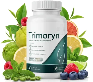 A single Trimoryn bottle surrounded by fresh fruit and leaves