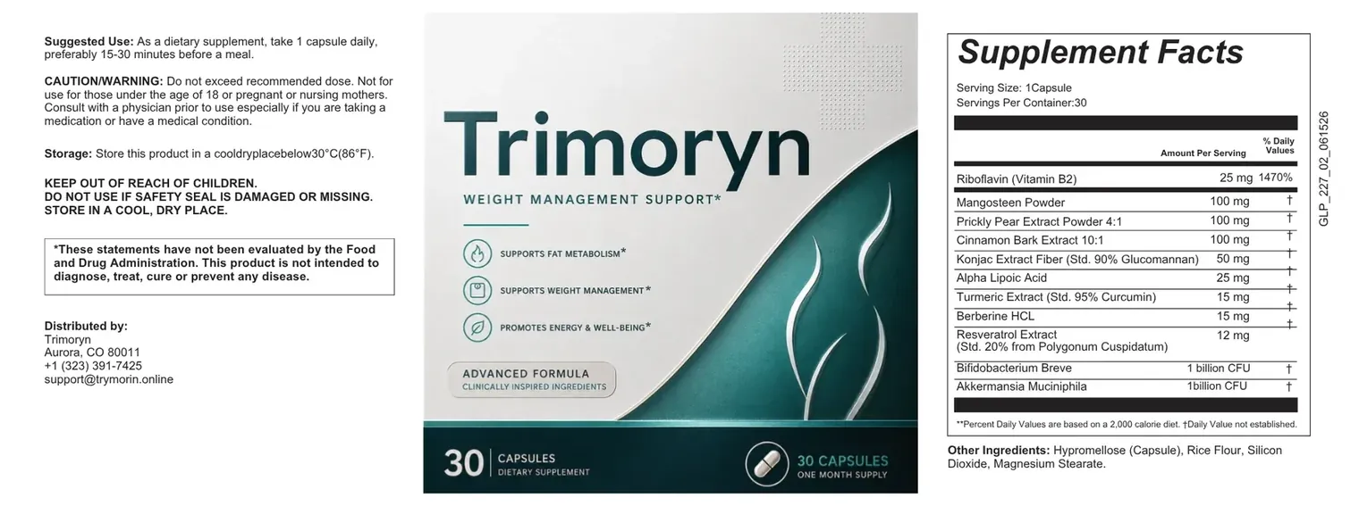 Trimoryn full label, front and back, laid flat